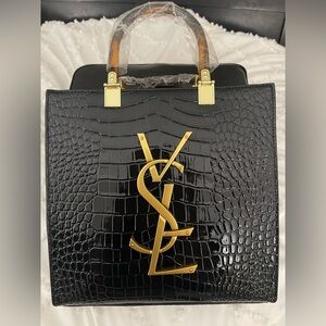 Black Croc Embossed Tote Bag Purse with Gold Logo
